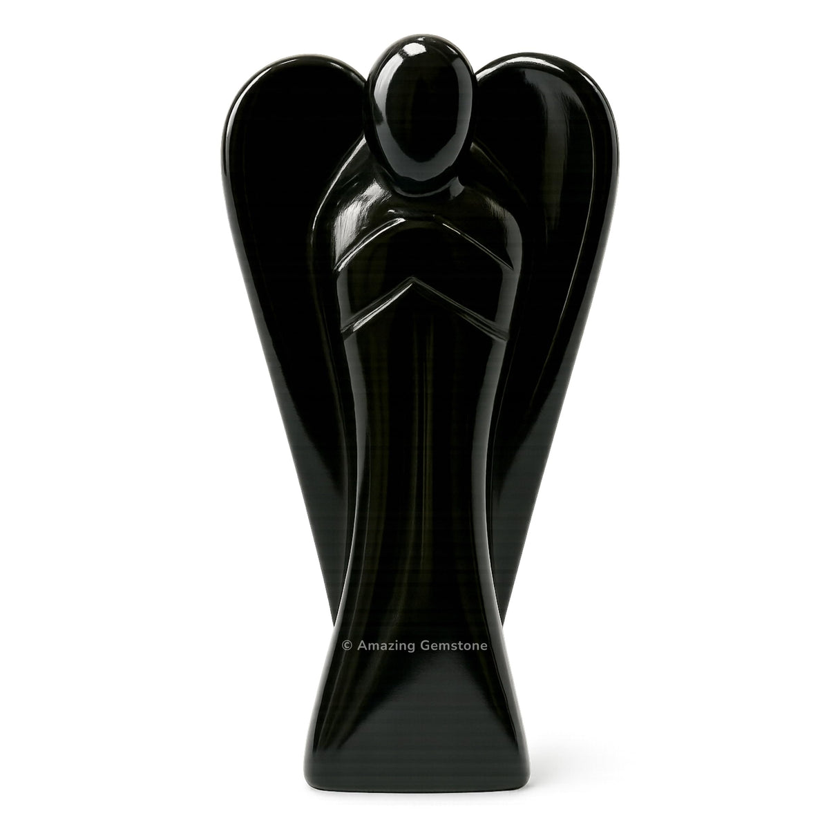 Amazing Gemstone Black Agate Angel crystal figurine, 4 inches, a compact pocket guardian for energy.