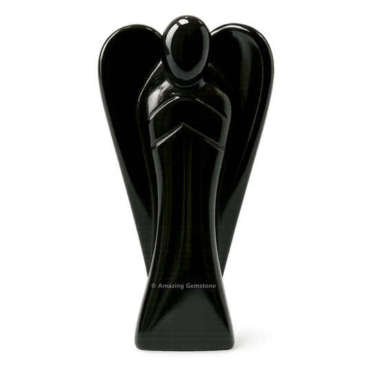 Amazing Gemstone Black Agate Angel crystal figurine, 4 inches, a compact pocket guardian for energy.