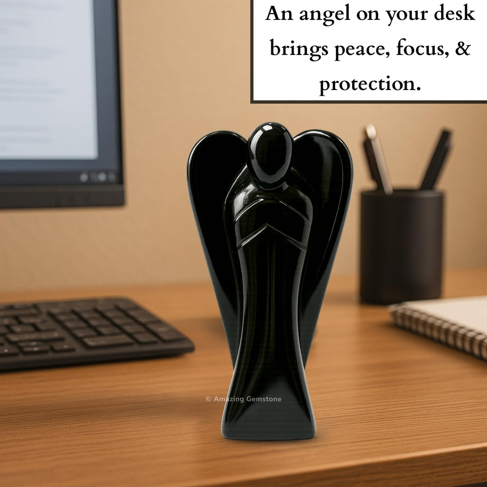 Amazing Gemstone Black Agate Angel features deep tones that enhance serene home decor.