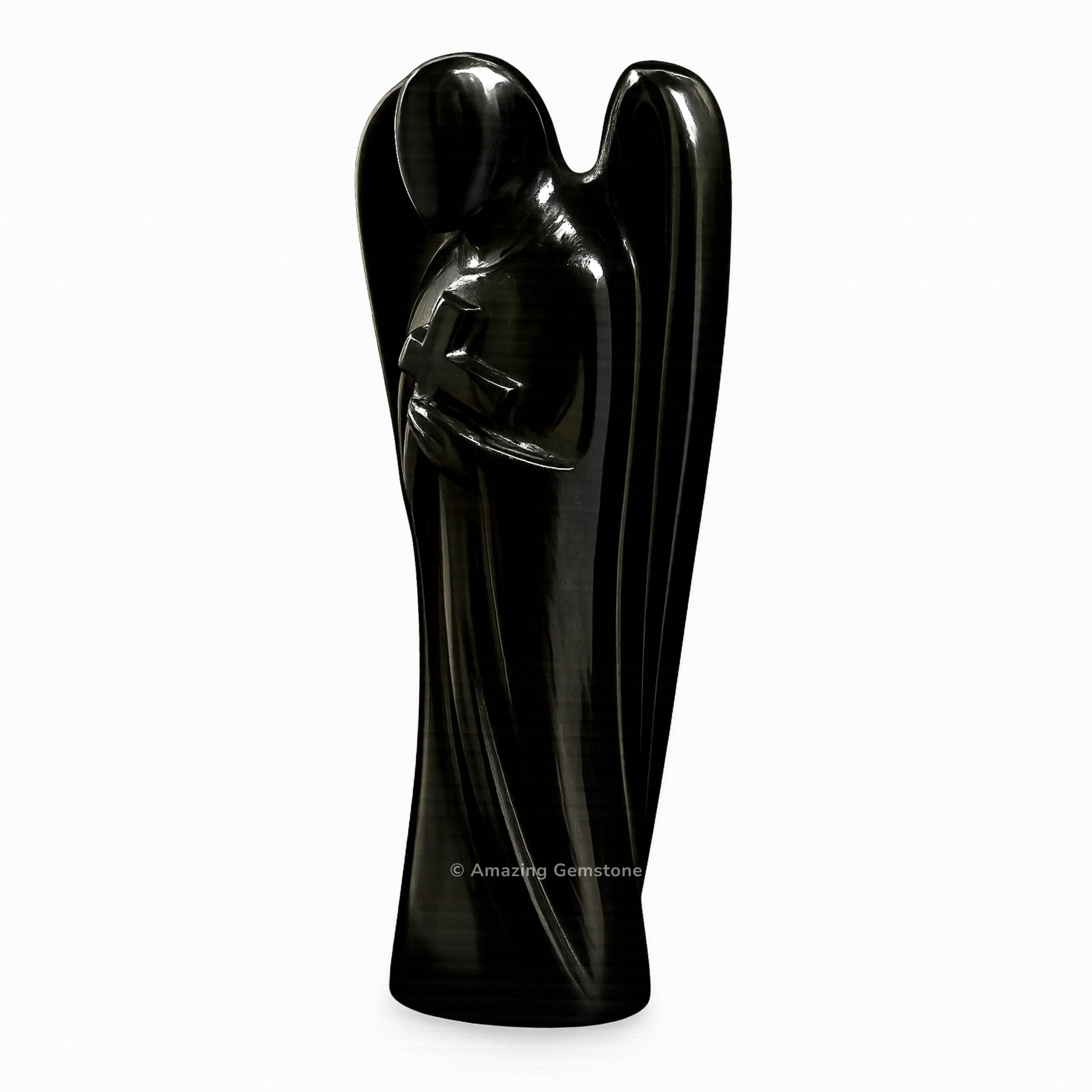 Amazing Gemstone Black Agate Angel in velvet pouch, ready for gifting and personal space protection.