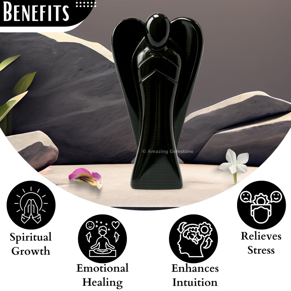 Amazing Gemstone Black Agate Angel on display stand conveys calm energy.