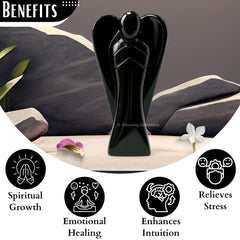 Amazing Gemstone Black Agate Angel on display stand conveys calm energy.