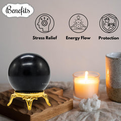 Brass stand detail on Amazing Gemstone shungite ball.