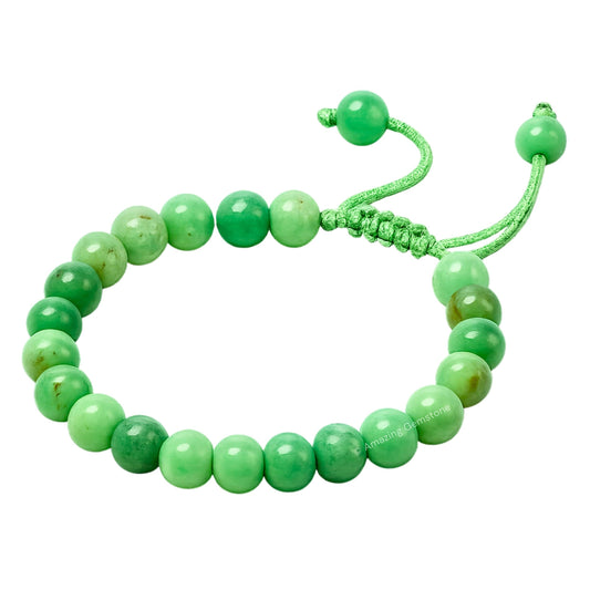Close-up of 8mm chrysoprase beads on Amazing Gemstone bracelet.