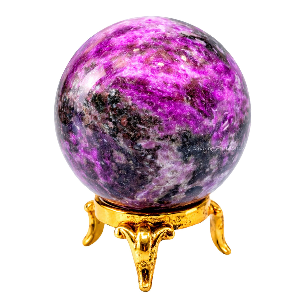 Amazing Gemstone cobalt calcite crystal ball on brass stand for display.
