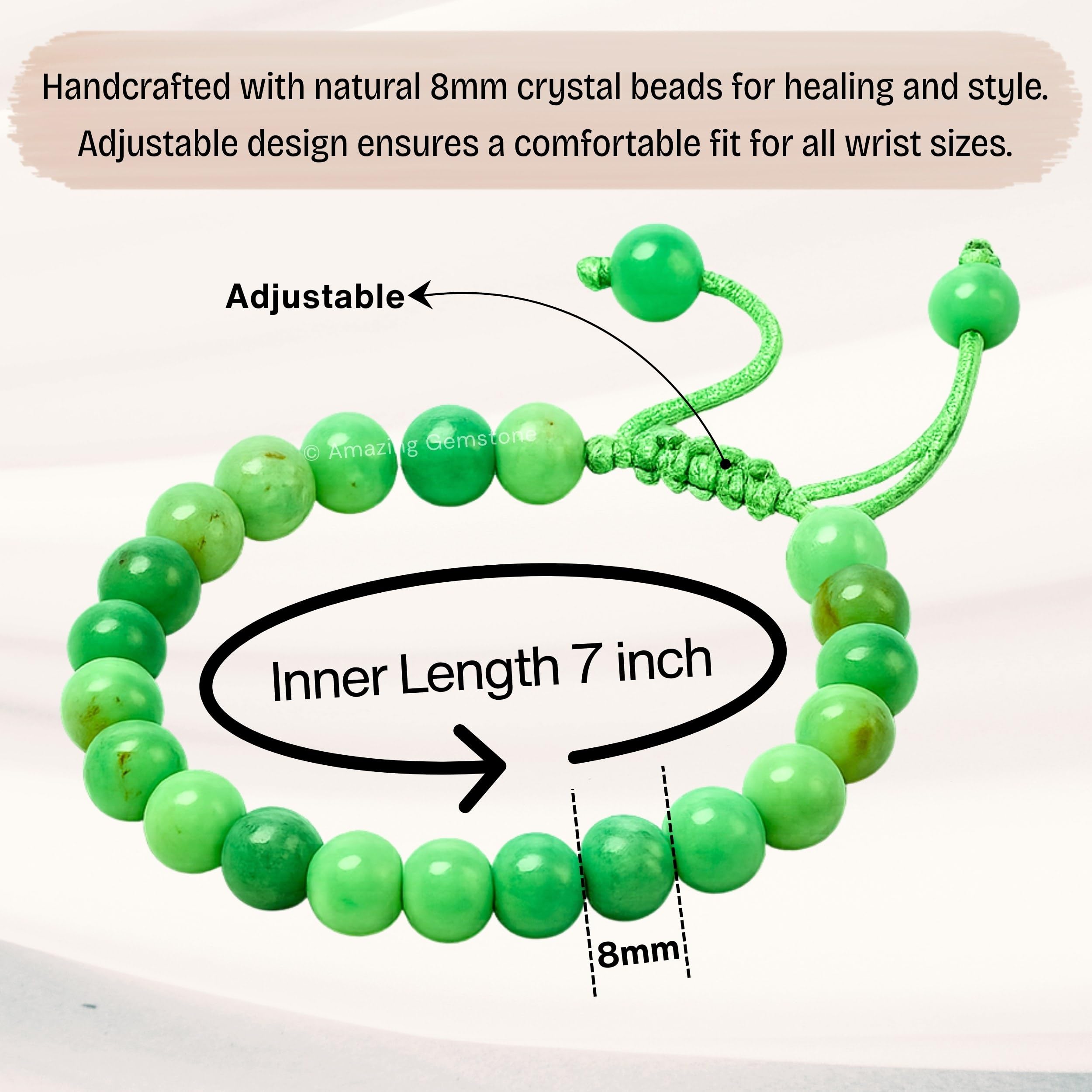 Woman wearing Amazing Gemstone chrysoprase bracelet with timeless elegance.