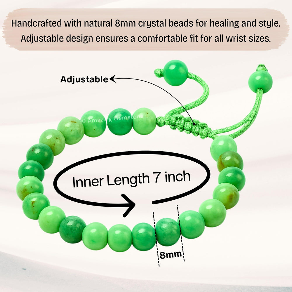 Woman wearing Amazing Gemstone chrysoprase bracelet with timeless elegance.
