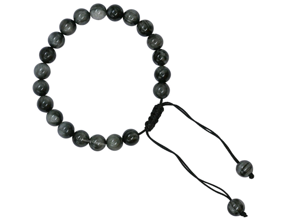 Amazing Gemstone Grey Cats Eye Bracelet bead detail showing natural texture and shine.