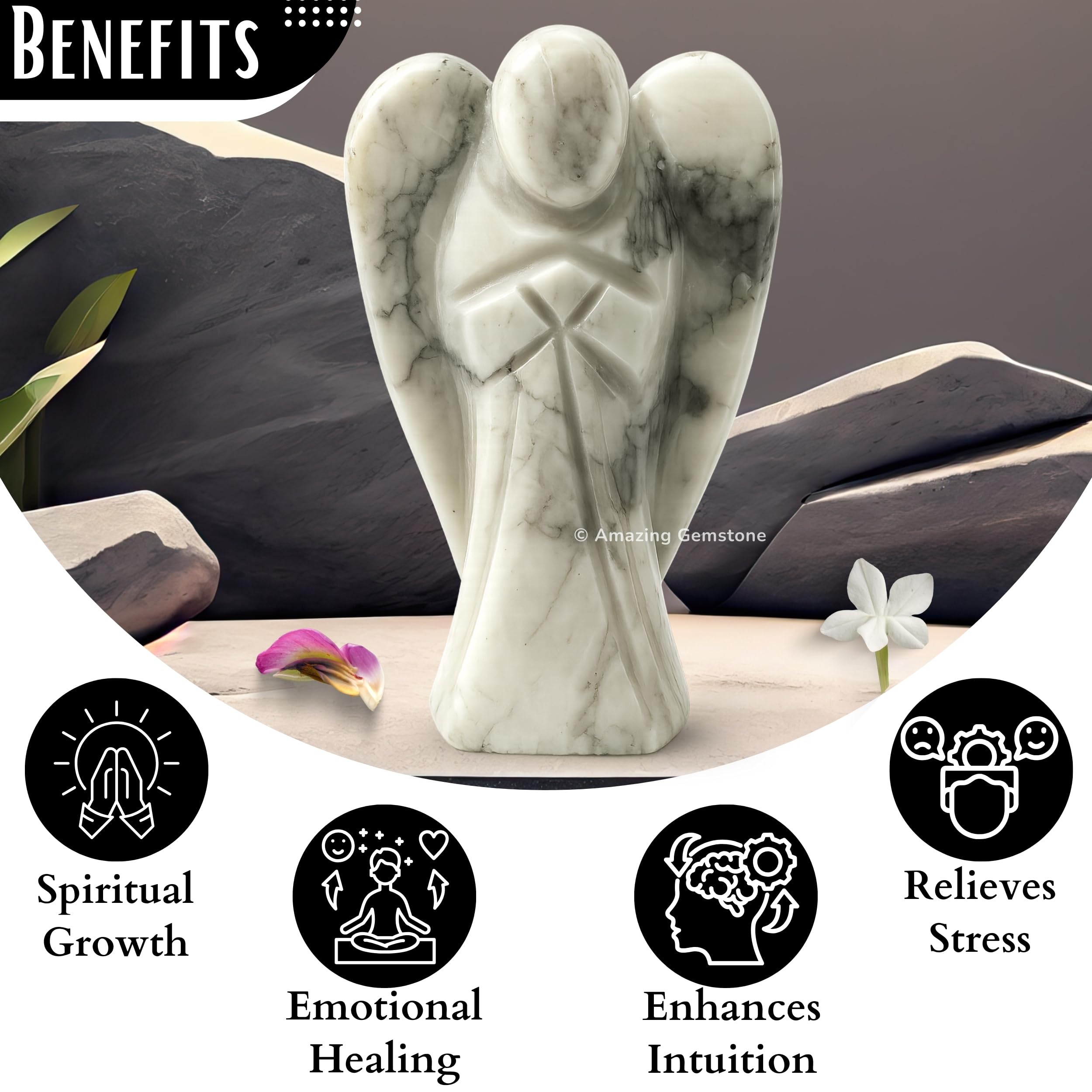 Amazing Gemstone Howlite Angel on a table as a decorative guardian
