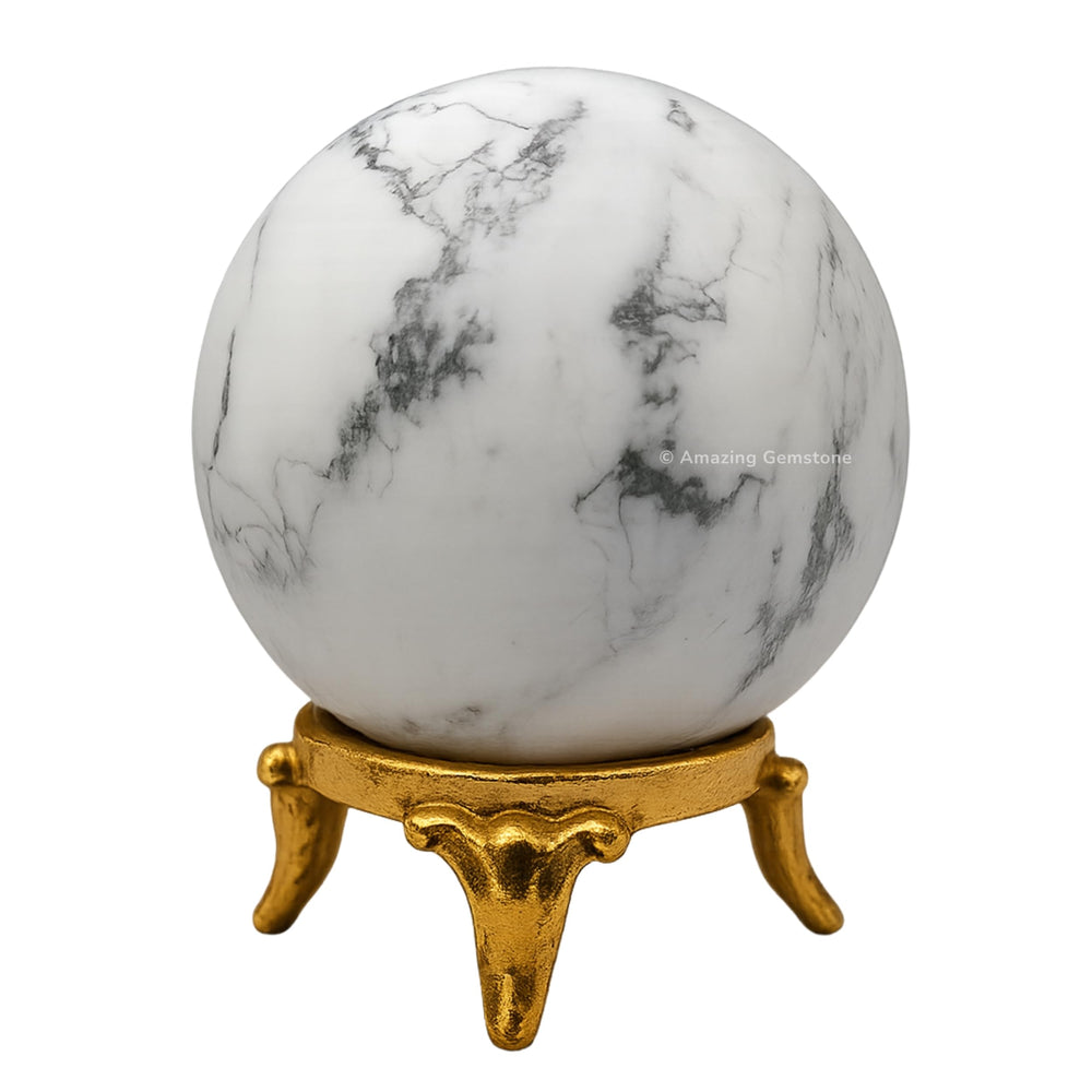 Amazing Gemstone Howlite crystal ball on brass stand for calm decor