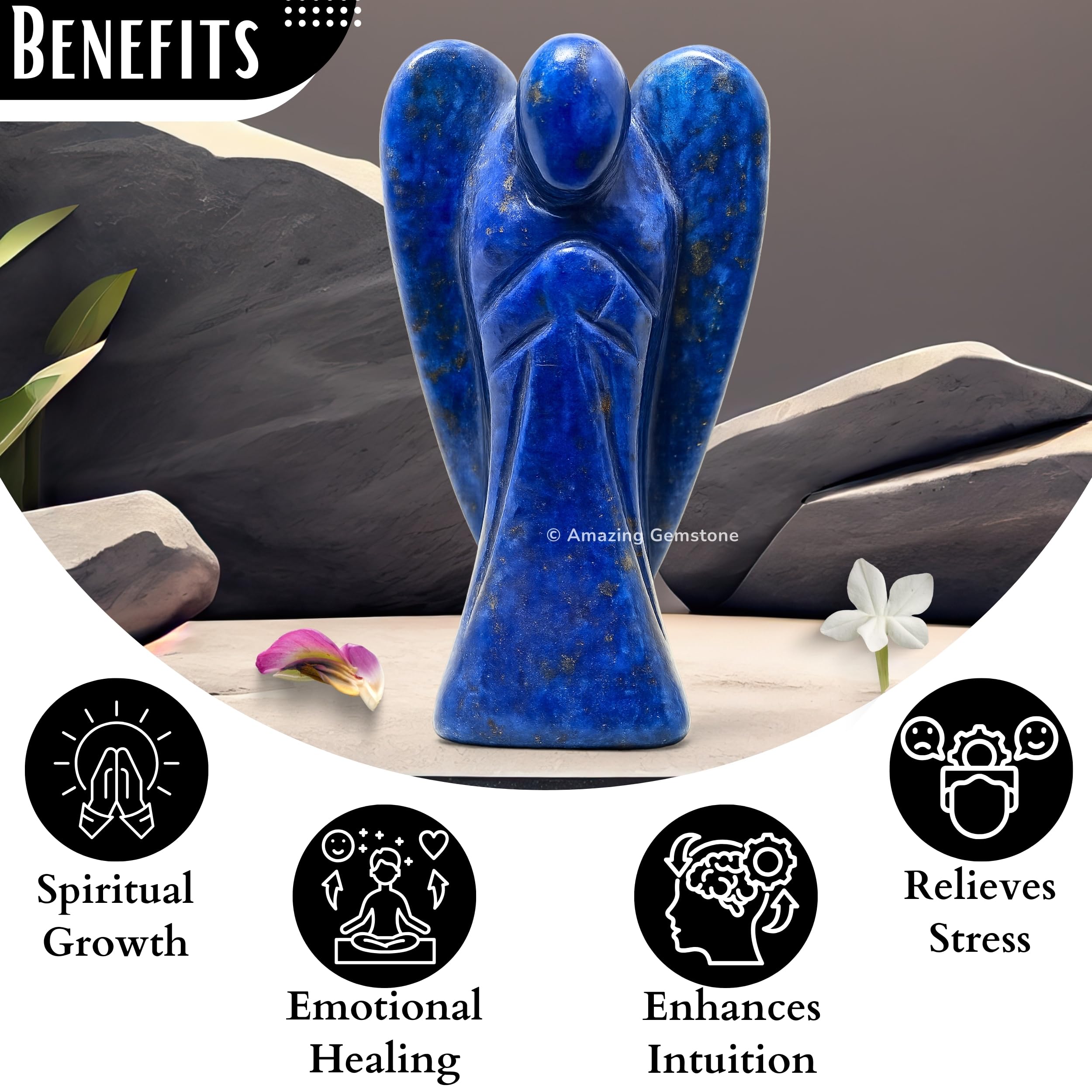 Amazing Gemstone Lapis Lazuli Angel crystal statue suggests calm energy for desk or altar.