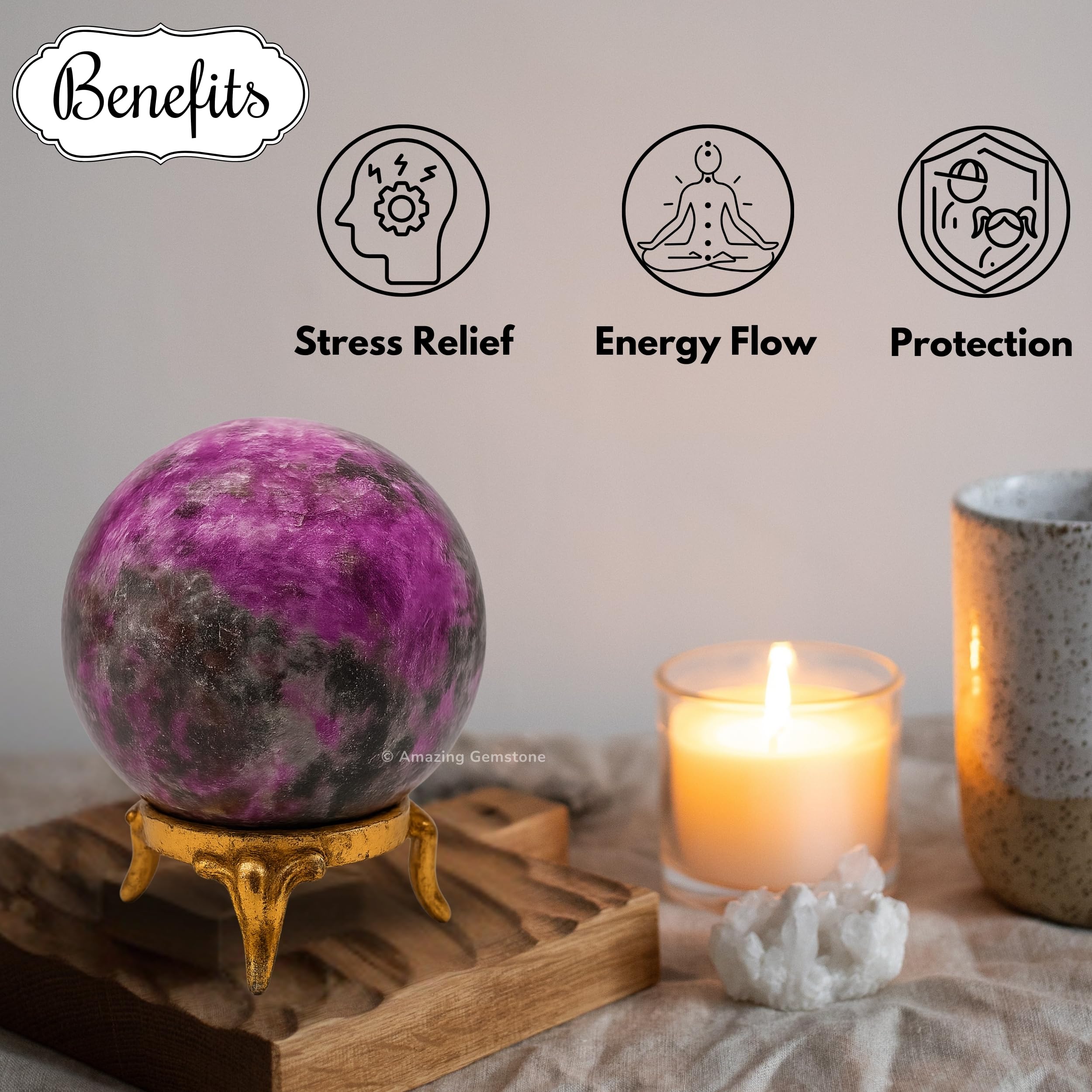 Amazing Gemstone meditation ball on table creates focus.