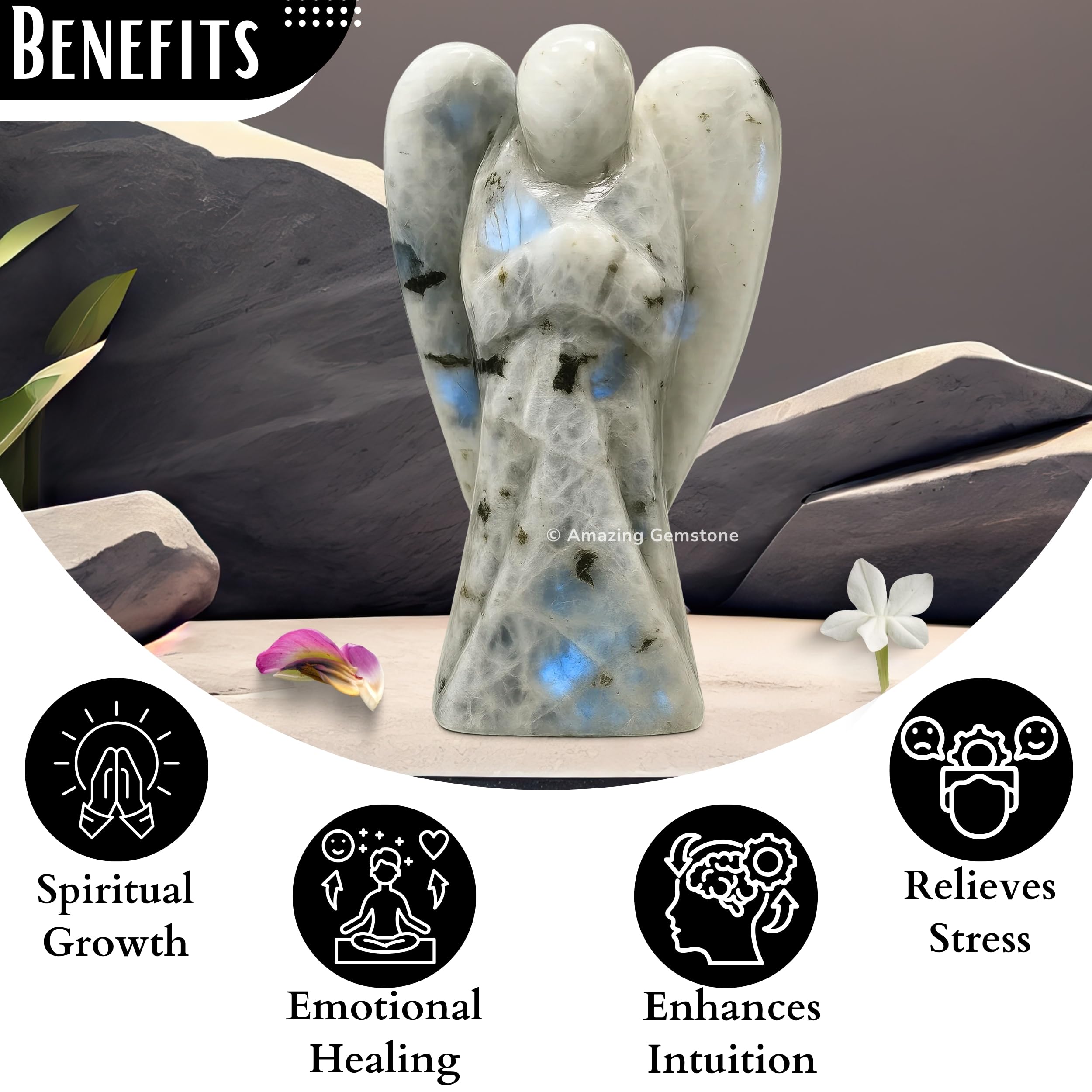 Authentic Rainbow Moonstone Angel from Amazing Gemstone for serene spaces.