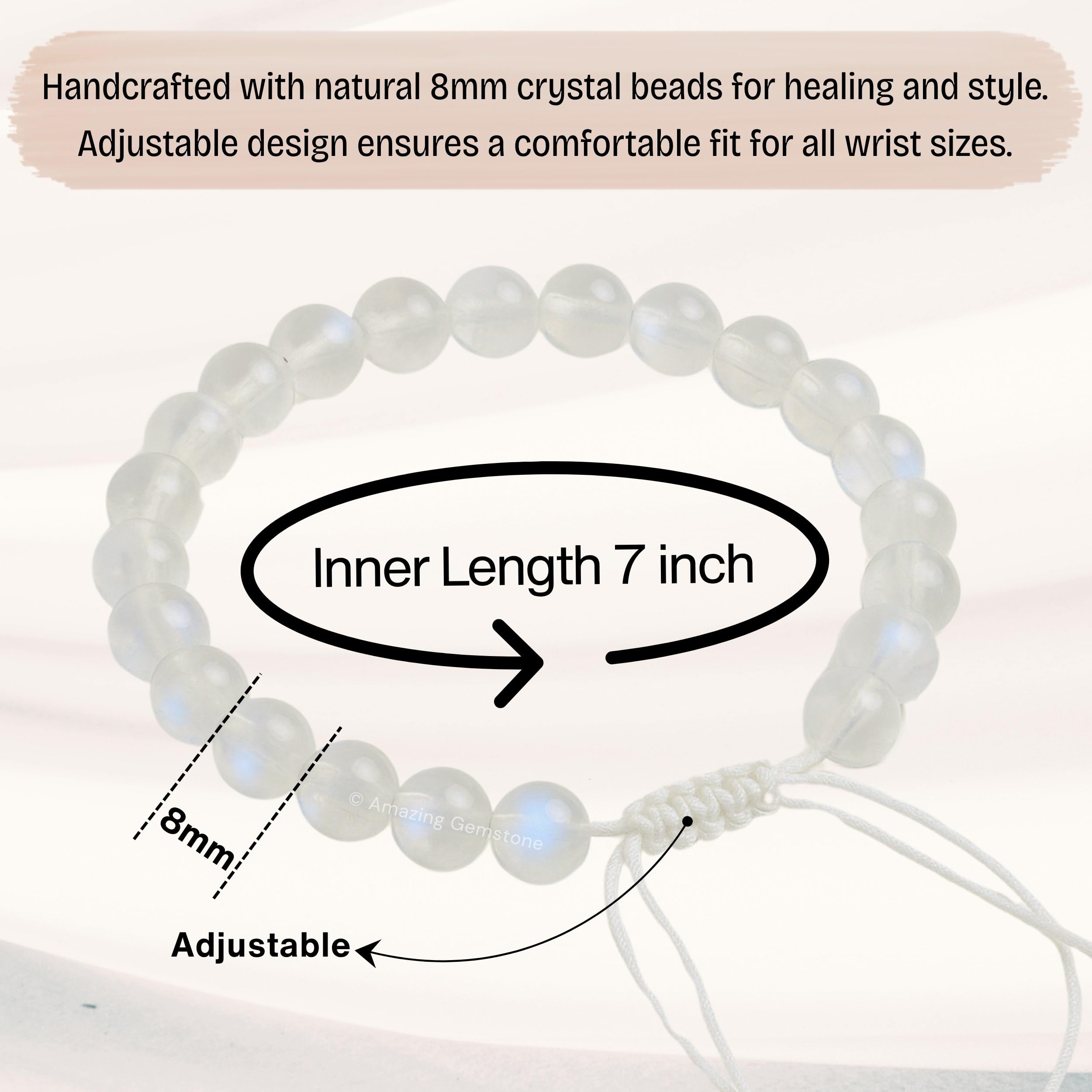Amazing Gemstone Rainbow Moonstone bracelet beads detail showing authentic stones.