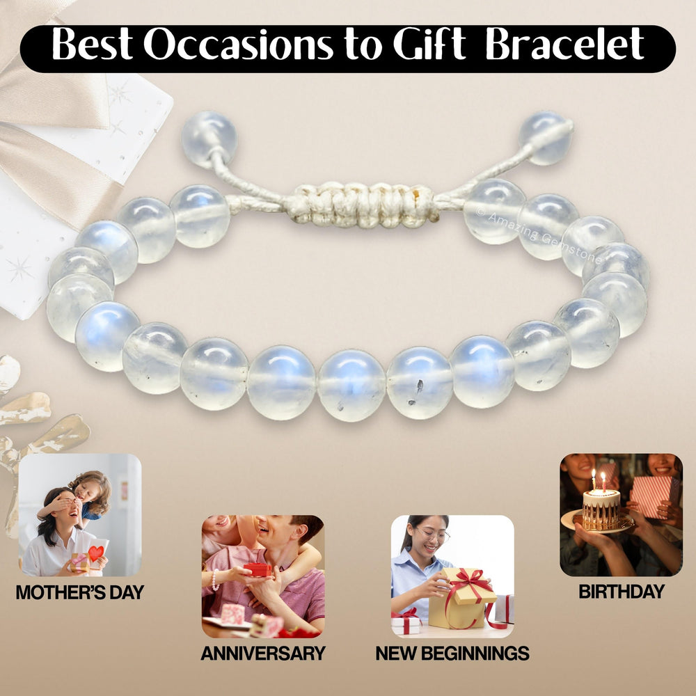 Amazing Gemstone Rainbow Moonstone bracelet model demonstrating versatile unisex style.