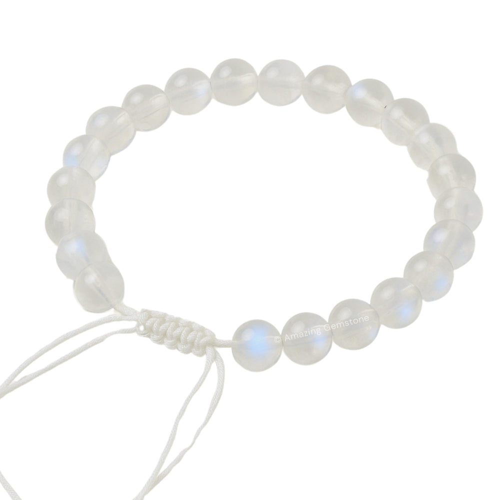 Amazing Gemstone Rainbow Moonstone bracelet on wrist with adjustable fit for all sizes.