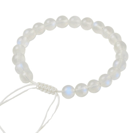 Amazing Gemstone Rainbow Moonstone bracelet on wrist with adjustable fit for all sizes.