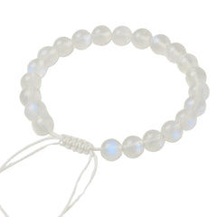 Amazing Gemstone Rainbow Moonstone bracelet on wrist with adjustable fit for all sizes.