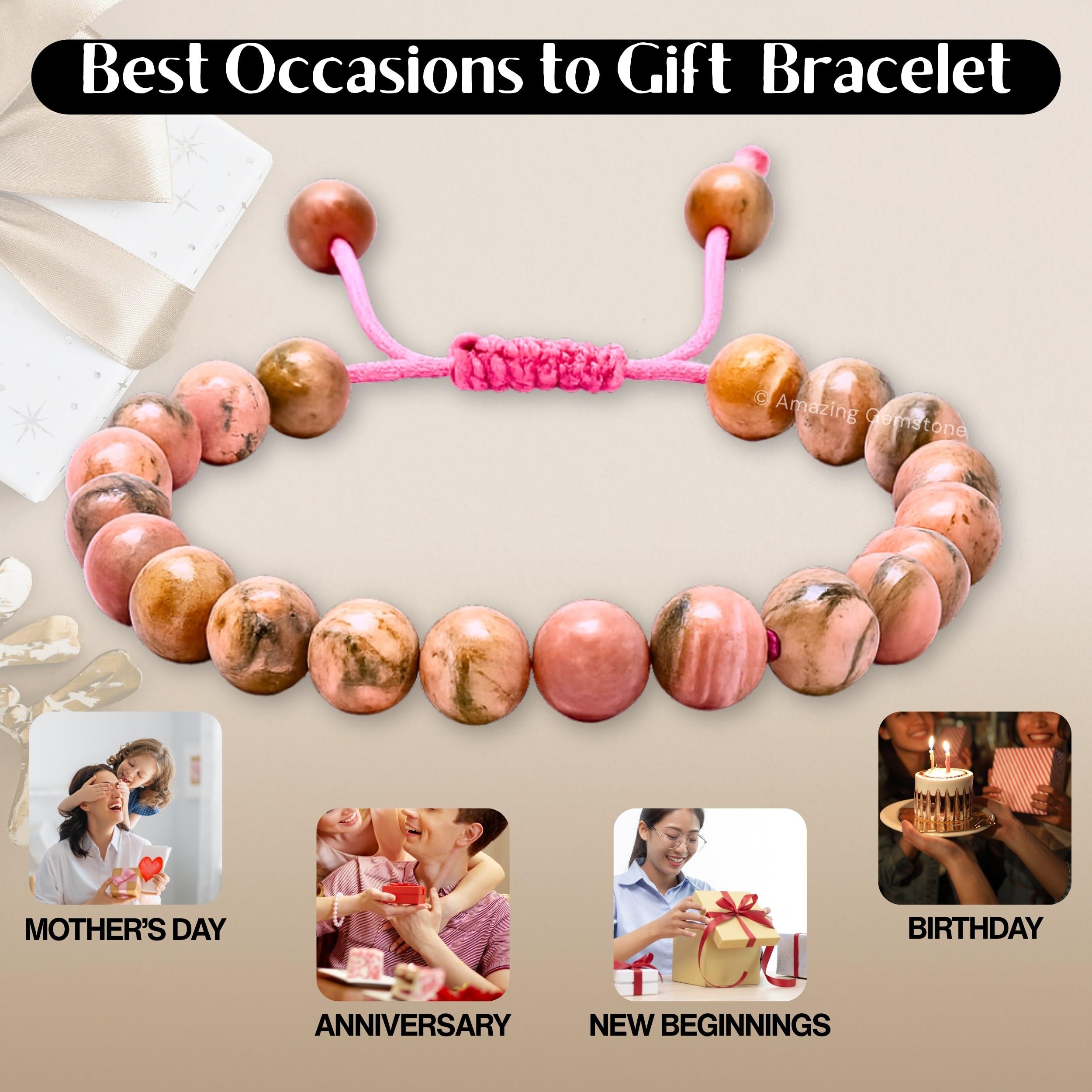 Amazing Gemstone Rhodochrosite bracelet lifestyle shot showing color and texture