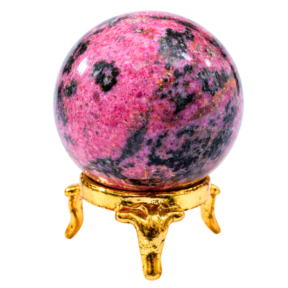 Amazing Gemstone rhodonite crystal ball on brass stand as decorative front view