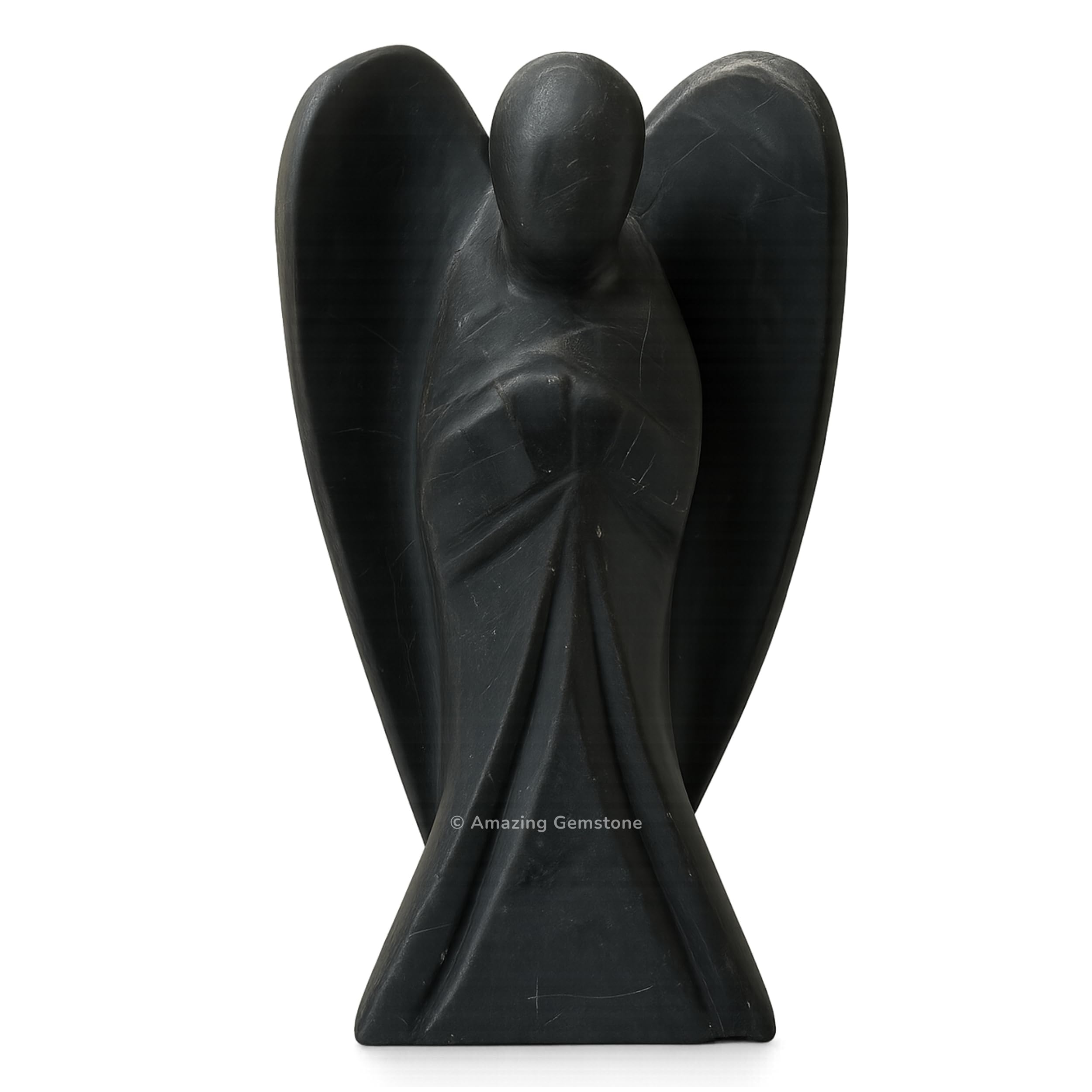 Amazing Gemstone Shungite Angel crystal figure stands 4 inches tall for pocket protection.