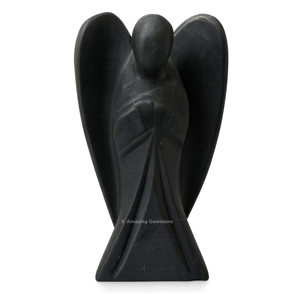 Amazing Gemstone Shungite Angel crystal figure stands 4 inches tall for pocket protection.