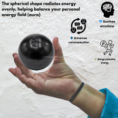 Shungite ball on shelf adds dark modern focal point.