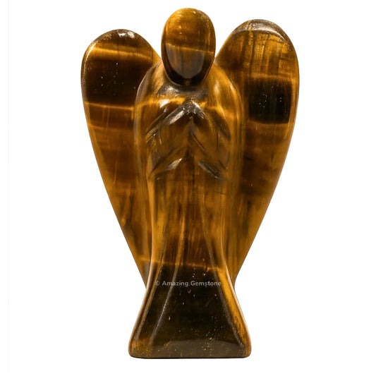 Amazing Gemstone Tiger Eye Angel figure close-up highlighting natural glow for display.