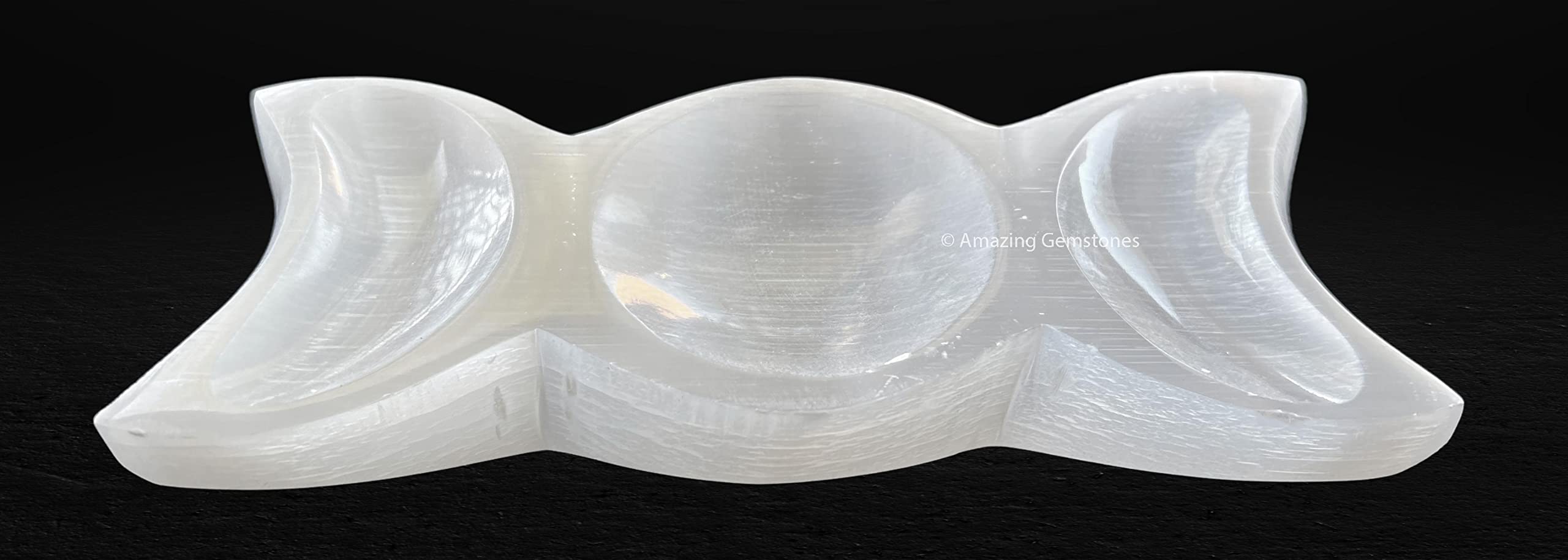 Amazing Gemstone triple moon selenite plate supports crystal energy renewal