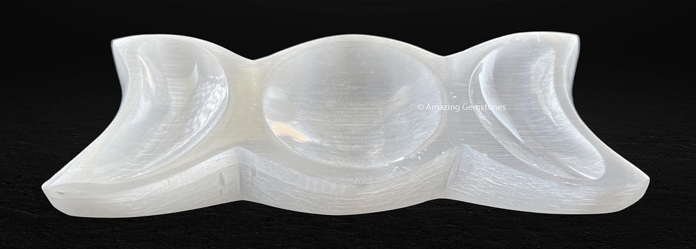 Amazing Gemstone triple moon selenite plate supports crystal energy renewal