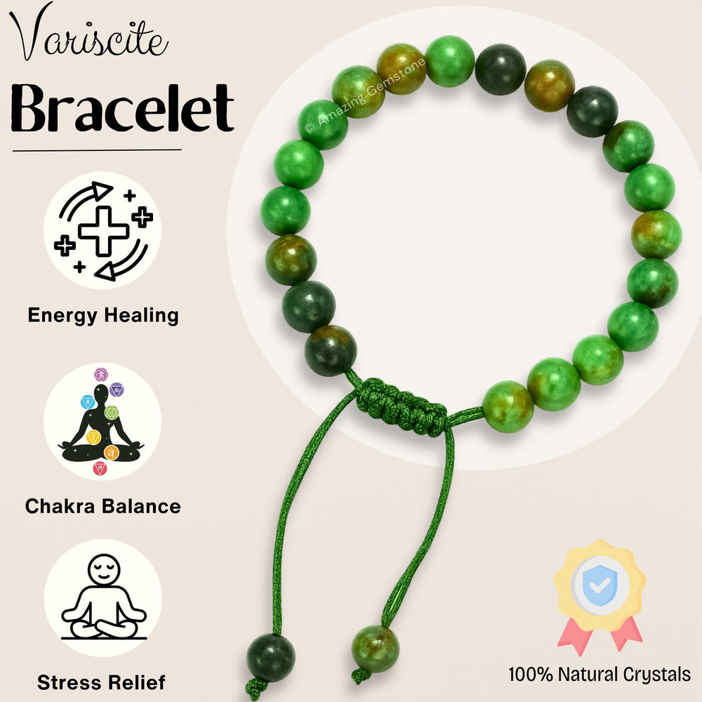 Amazing Gemstone Variscite bracelet adjustable band showing comfortable fit.