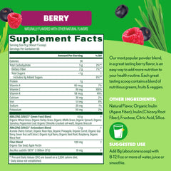 Amazing Grass digestive enzymes-probiotics powder shown with a glass of water.