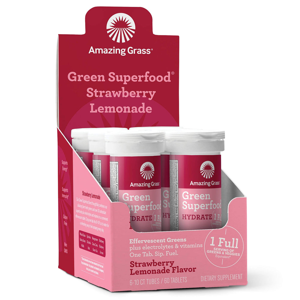 Amazing Grass Electrolyte Tablets in strawberry lemonade tubes for convenient daily hydration.