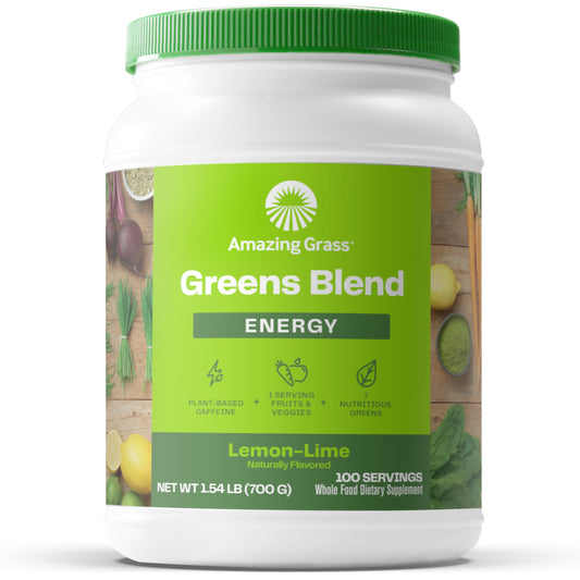 Amazing Grass Green Superfood Energy bottle and packaging highlighting organic greens.