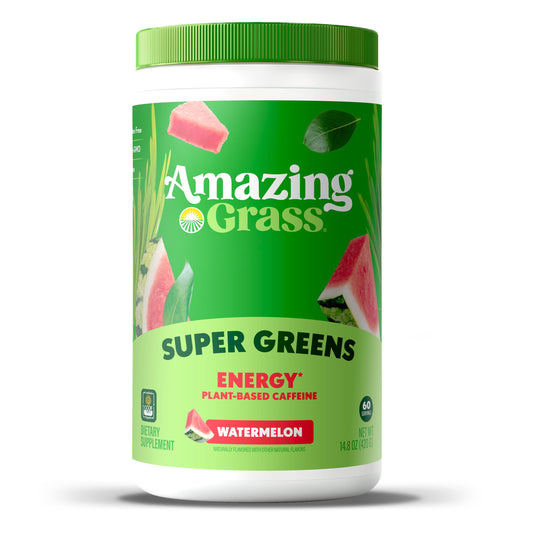 Amazing Grass Green Superfood Energy packaging closeup for daily greens boost.