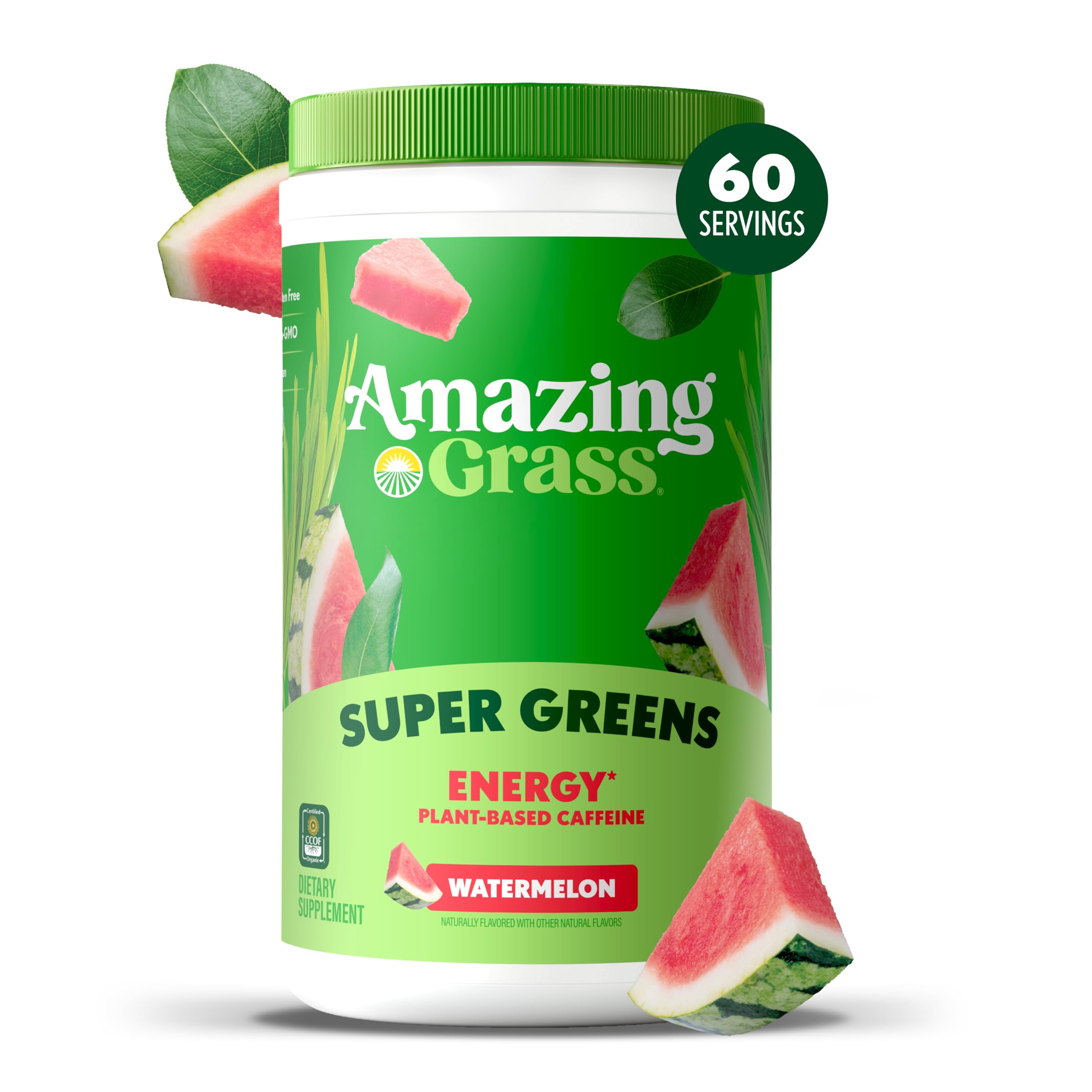 Amazing Grass Green Superfood Energy powder being dispensed for smoothies.