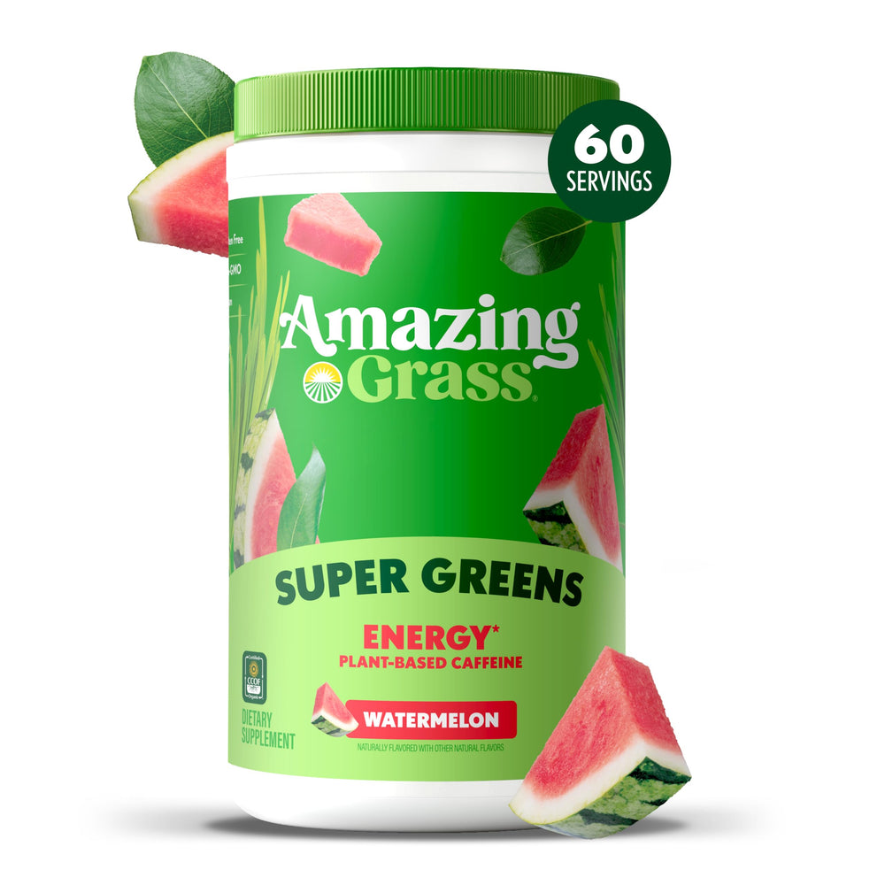 Amazing Grass Green Superfood Energy powder being dispensed for smoothies.