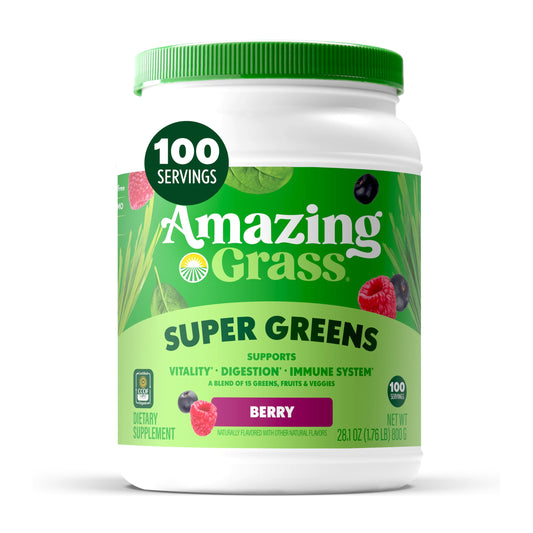 Amazing Grass Greens Blend Berry powder tub, supports daily digestion and energy