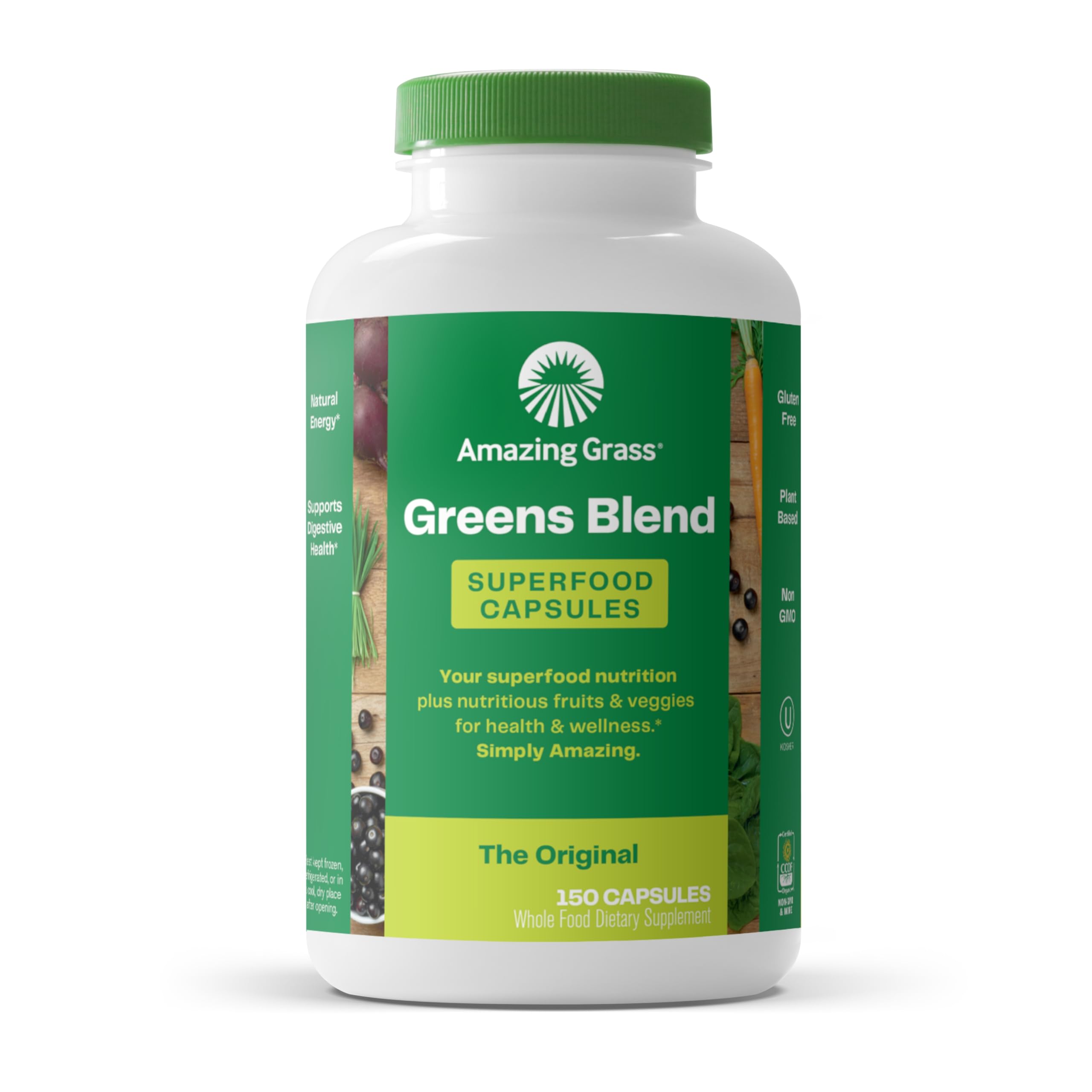 Amazing Grass Greens Blend capsules bottle shows convenient daily greens for busy lifestyles.