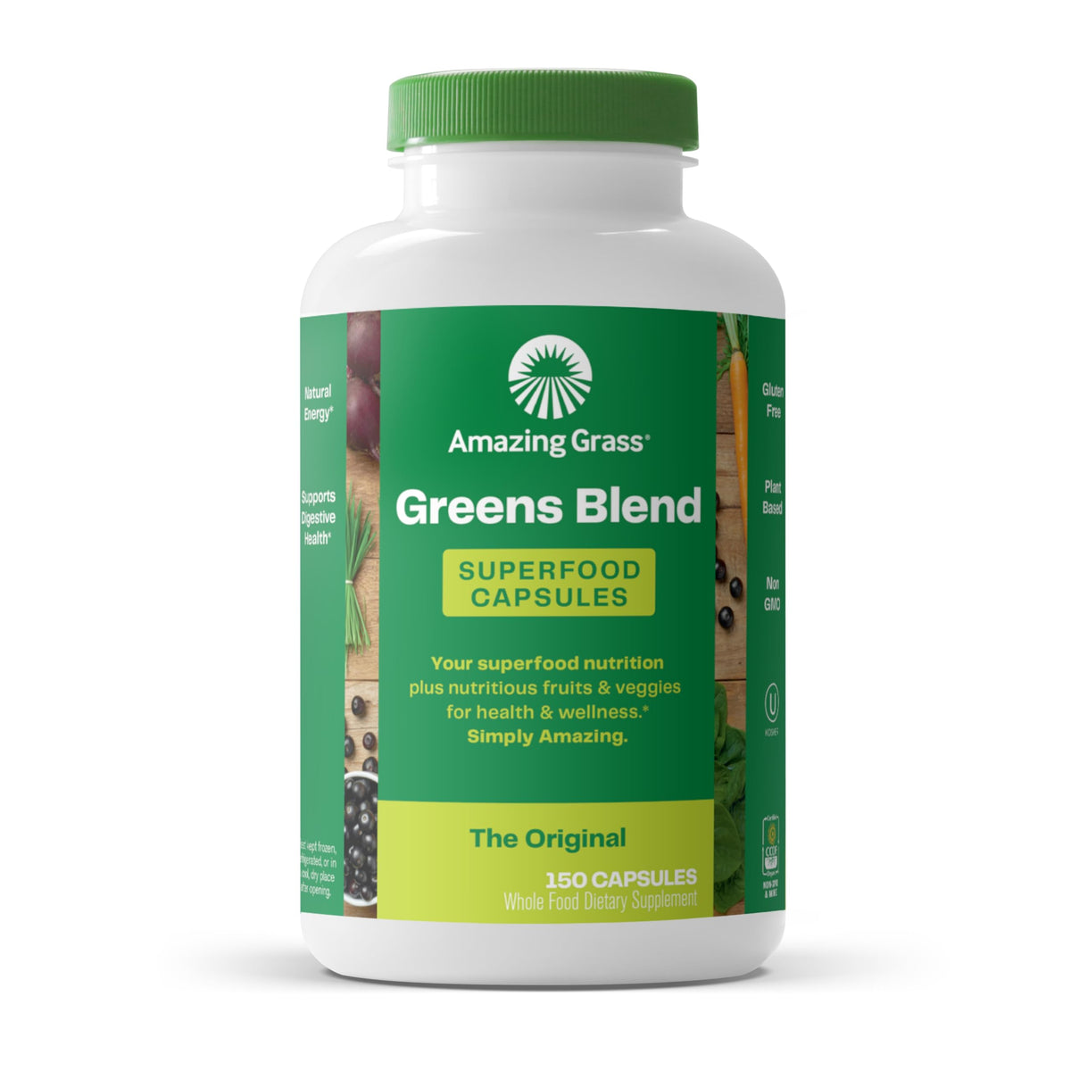 Amazing Grass Greens Blend capsules bottle shows convenient daily greens for busy lifestyles.