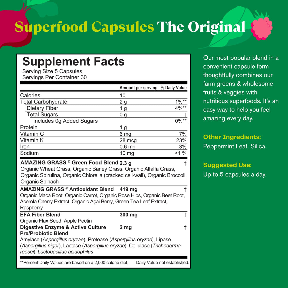 Amazing Grass Greens Blend capsules being poured for easy daily use.