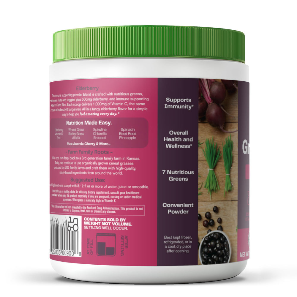 Amazing Grass Greens Blend daily-use visual suggests easy mix into yogurt or juice.