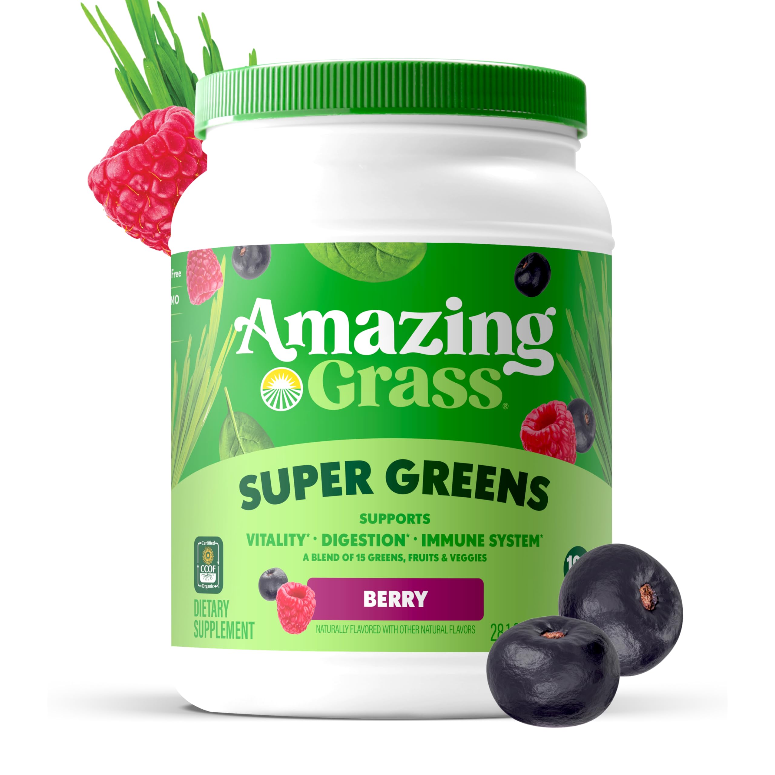 Amazing Grass Greens Blend ingredients label highlighting organic and non-GMO benefits