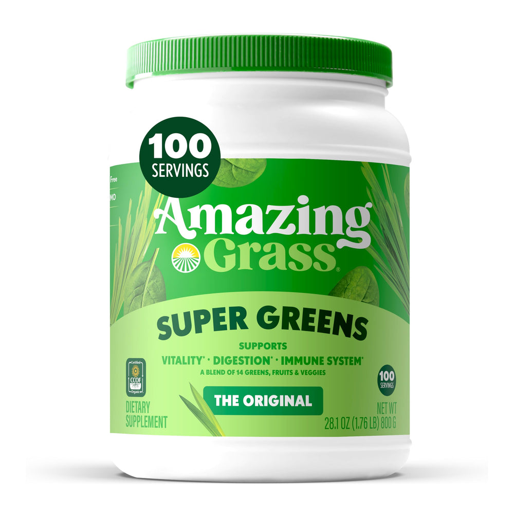 Amazing Grass Greens Blend Original packaging highlights plant-based greens for daily vitality