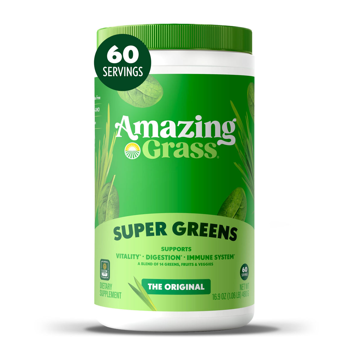 Amazing Grass Greens Blend packaging highlights organic greens for daily nourishment