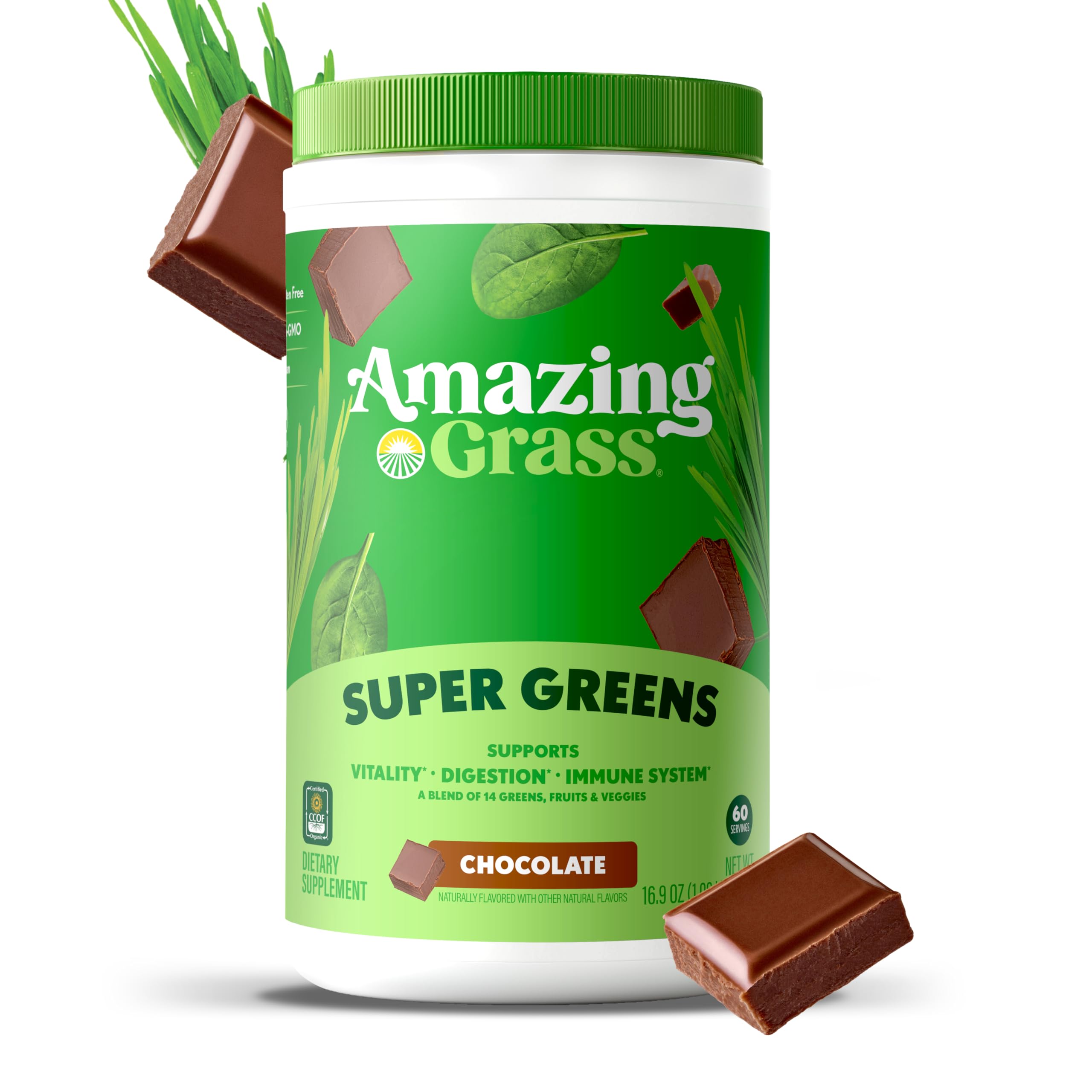Amazing Grass Greens chocolate powder in a glass showcases a delicious, cacao-forward daily option.