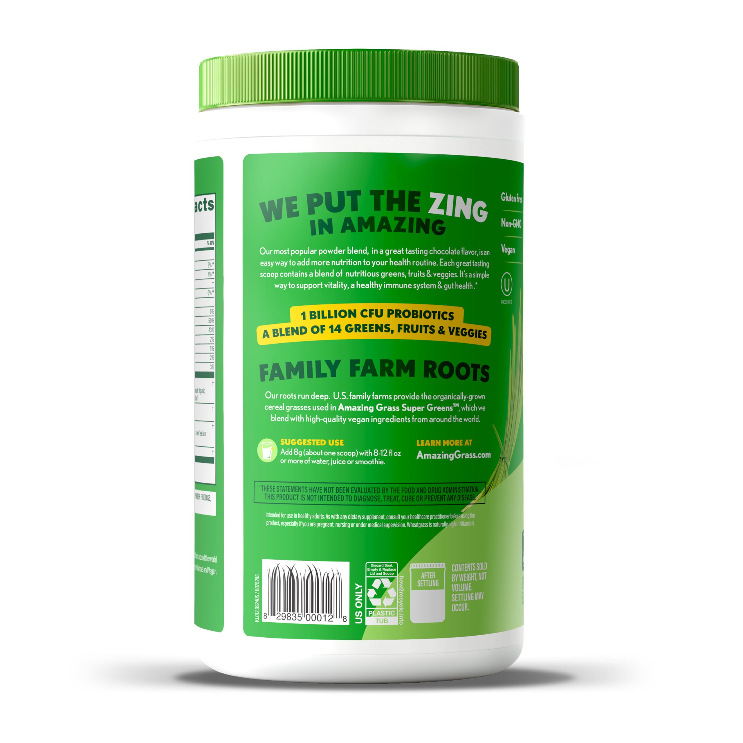 Amazing Grass Greens ingredients close-up show spirulina, chlorella, and beet for natural nutrition.
