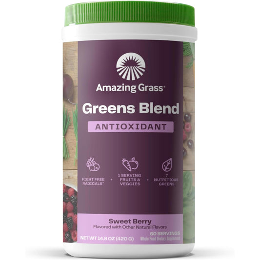 Amazing Grass Greens Superfood tub open with vibrant greens for daily use