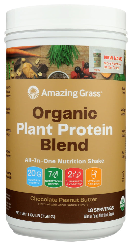 Amazing Grass Organic Plant Protein Blend bottle front showing chocolate peanut butter flavor for easy daily nutrition