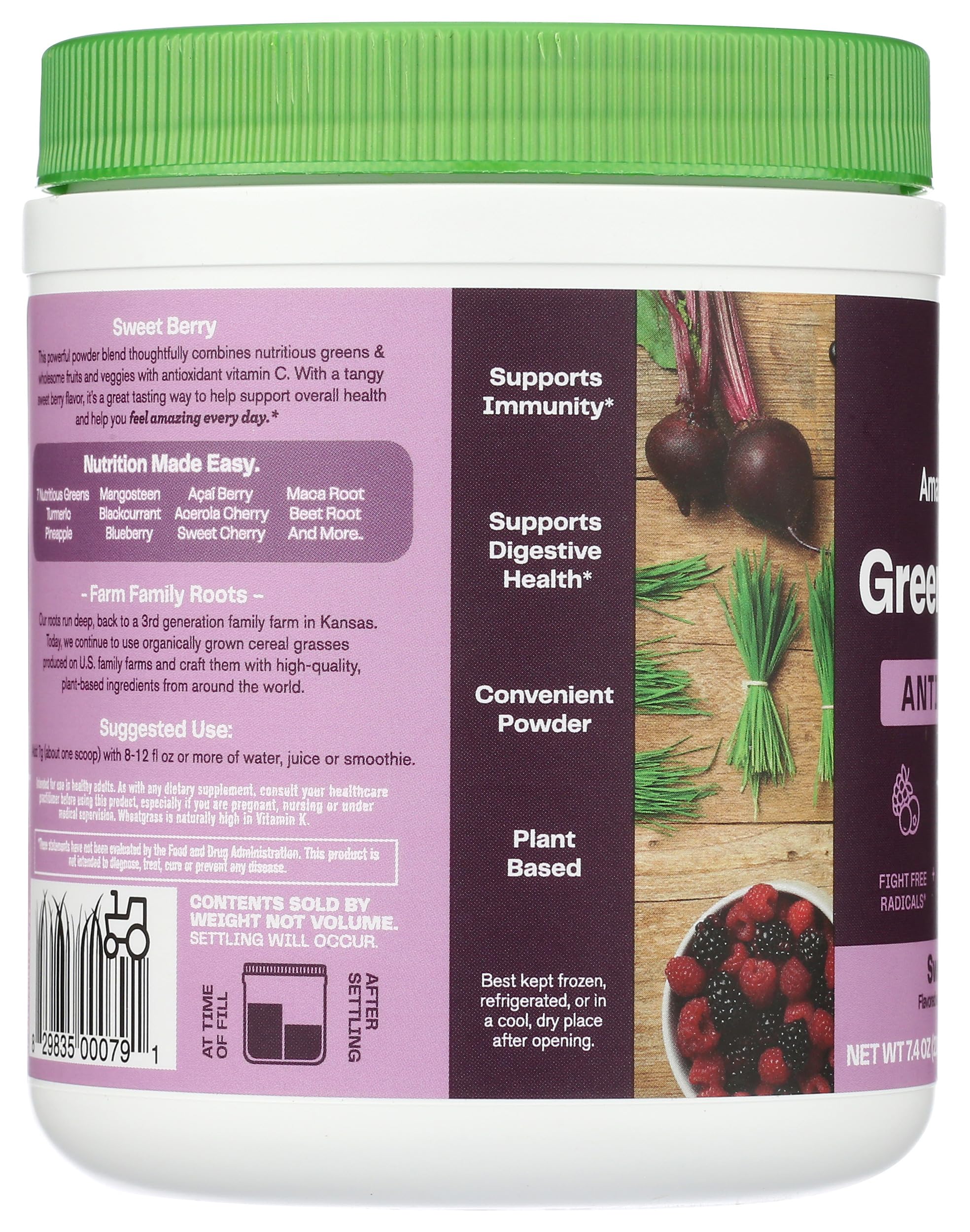 Amazing Grass Sweet Berry Powder beside a spoon for easy measuring